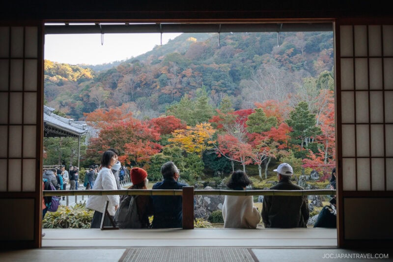 People sit and admire a Japanese garden with vibrant autumn foliage at Tenryu-ji Temple, framed by sliding shoji doors, with forested hills in the background.