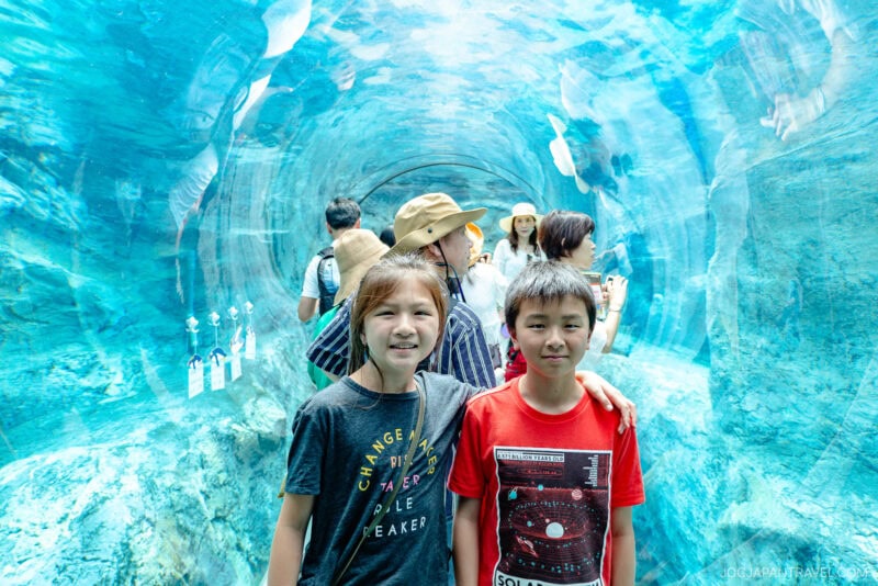 Two children smiling in front of an underwater tunnel at an aquarium, with other visitors in the background and blue water above—capturing a moment reminiscent of the aquatic attractions at Asahiyama Zoo.
