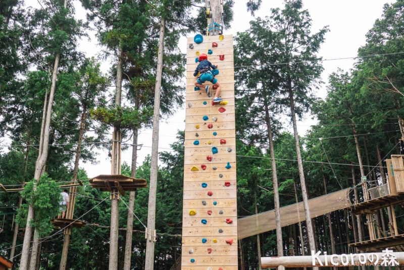 A person wearing a helmet climbs a tall outdoor wooden rock climbing wall surrounded by trees at Mishima Skywalk, with elevated platforms and rope courses visible in the background. The text Kicoroの森 appears in the bottom right corner.