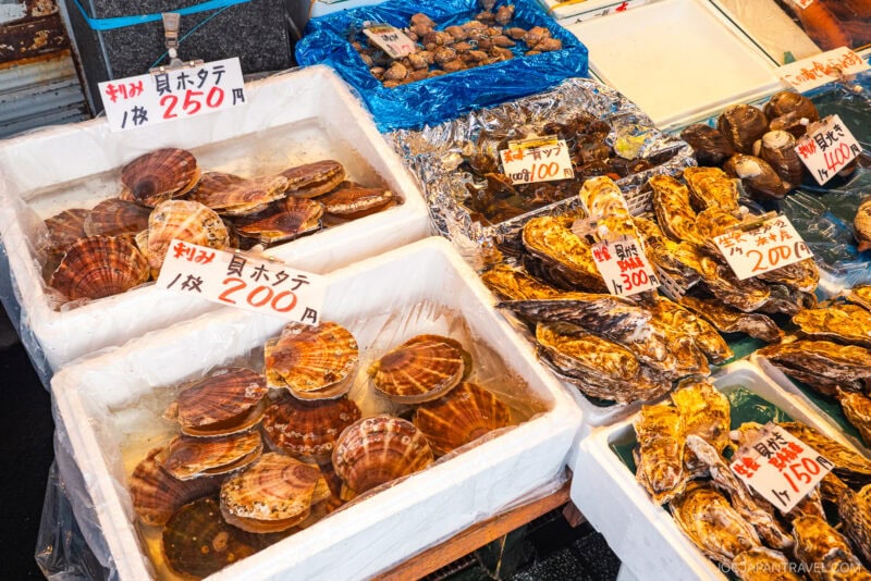 At Nijo Market, an outdoor seafood market displays scallops and shellfish in trays and foam boxes, each labeled with handwritten Japanese signs showing prices per piece.