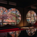 Large, round windows in a traditional Japanese building frame vibrant Arashiyama autumn foliage outside, with red, orange, and yellow leaves. Sunlight pours in, illuminating the scene and reflecting on the glossy floor inside.