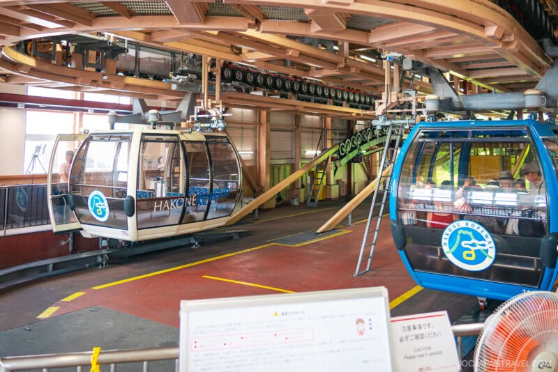 Two Hakone Ropeway cable cars, one blue and one white, are stationed inside a boarding platform with visible rails and safety markings. Passengers holding a Hakone Freepass are seated inside the cars, ready to enjoy their journey.