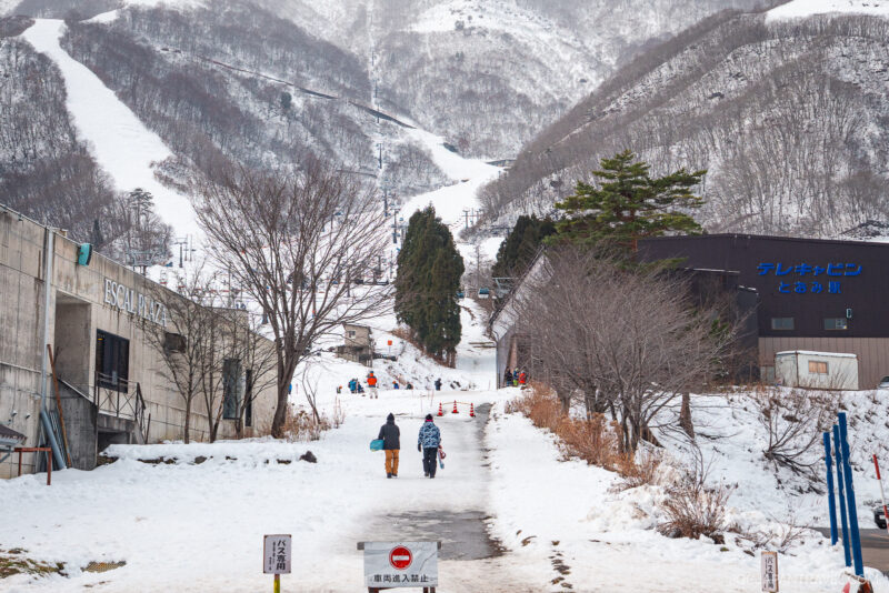 People walk up a snowy path toward a ski area surrounded by mountains, capturing the charm of a Hakuba ski trip. Leafless trees line the way, and buildings sit on either side, while snow blankets the ground and slopes in this wintry scene.
