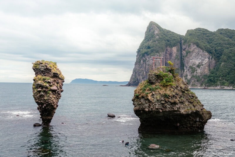 Two rocky sea stacks rise from the ocean near Yoichi; one has a small red torii gate and green vegetation on top. A swimmer moves through the water below, with steep, green cliffs in the background under a cloudy sky.