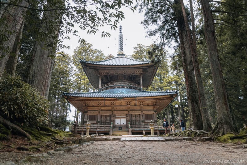 A traditional Japanese pagoda-style temple stands among tall trees in the tranquil Koyasan forest, surrounded by moss-covered ground. A few people are visible near the entrance.