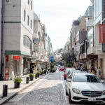 Motomachi Shopping Street (元町ショッピングストリート) – Yokohama’s Stylish Pedestrian Avenue A clean, paved street in a Japanese city is lined with modern shops, parked cars, greenery, and bilingual signs. The Motomachi Shopping Street area appears calm and well-maintained under a bright, clear sky.