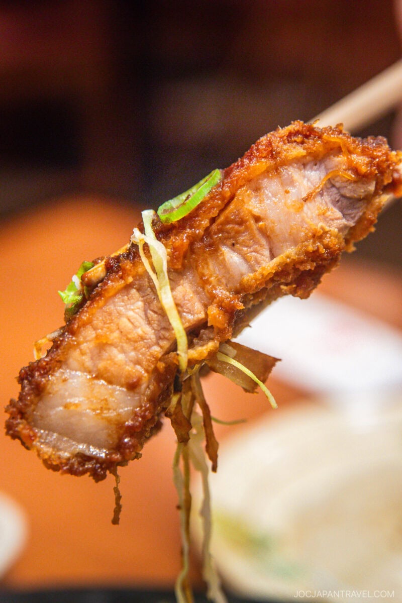 A close-up of a crispy, golden-brown piece of breaded pork katsu, featured in a Nagoya food guide, garnished with green onions and held by chopsticks above a blurred plate.