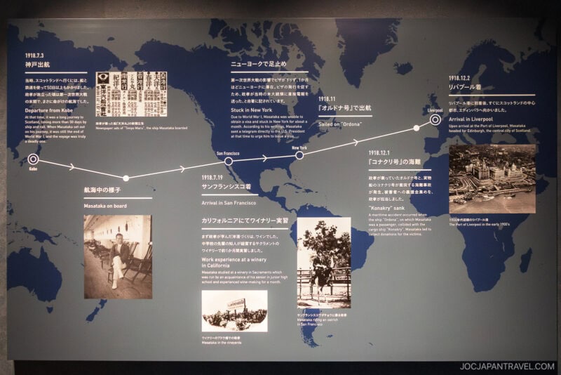 A blue world map with a white route line connecting Kobe, San Francisco, New York, Liverpool, and Odessa, featuring historical photos and Japanese-English text about a journey from Japan to Europe and the origins of Nikka Whisky Yoichi Distillery.