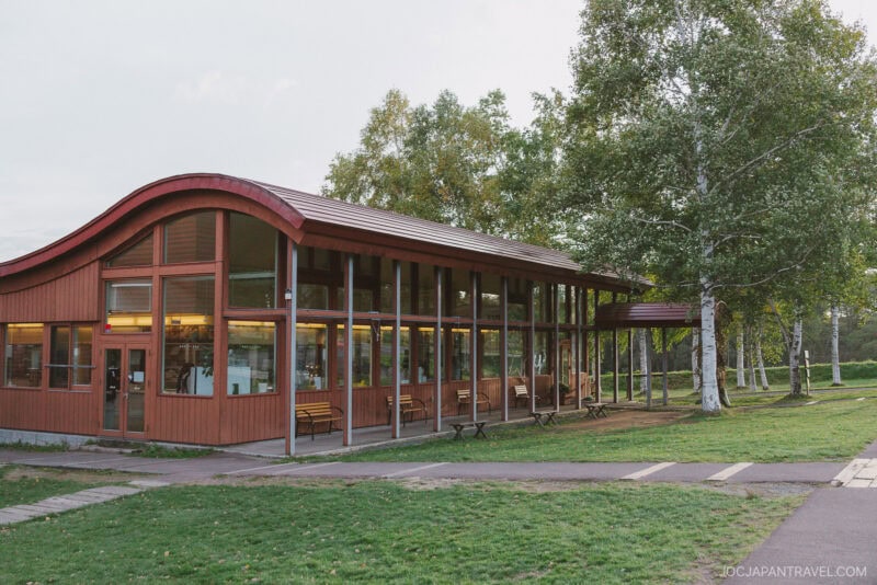 A modern, wood-paneled building with large glass windows and a curved roof stands by green grass and trees under a cloudy Niseko autumn sky. Benches line the outside of the building.