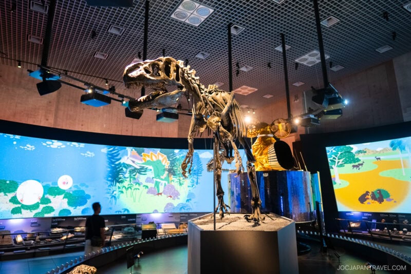 A large dinosaur skeleton is displayed in a well-lit Tokyo National Museum of Nature and Science exhibit, with colorful illustrated screens and various artifacts in the background.