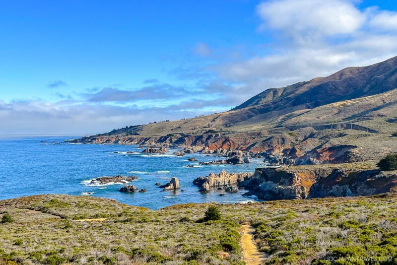 A scenic coastal landscape in Big Sur with rugged cliffs, rocky shoreline, and rolling hills meeting the blue ocean under a partly cloudy sky. A narrow path winds through grassy vegetation in the foreground.