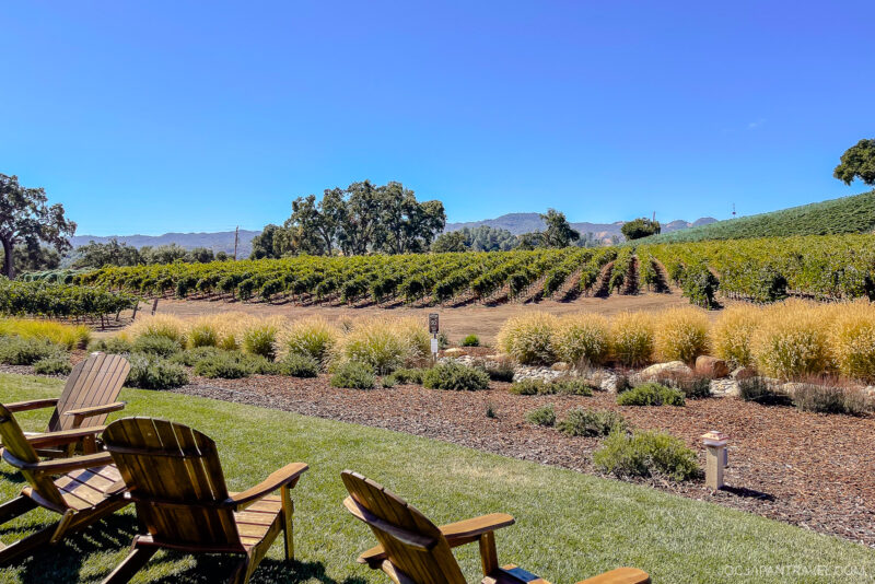 Wooden chairs face a scenic California Central Coast vineyard under a clear blue sky, with rows of grapevines, green grass, and mountains in the background, creating a peaceful and inviting outdoor setting.