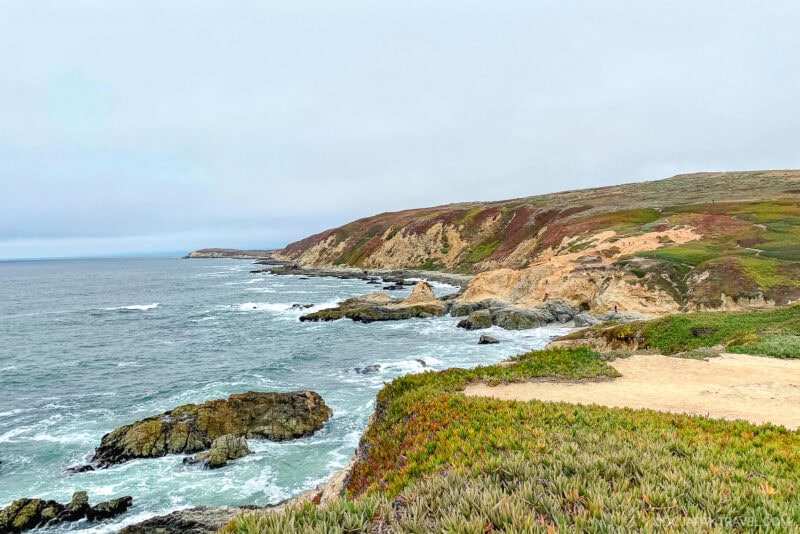 A coastal landscape in Sonoma with rocky cliffs, green vegetation, and ocean waves crashing onto the shore under a cloudy sky.