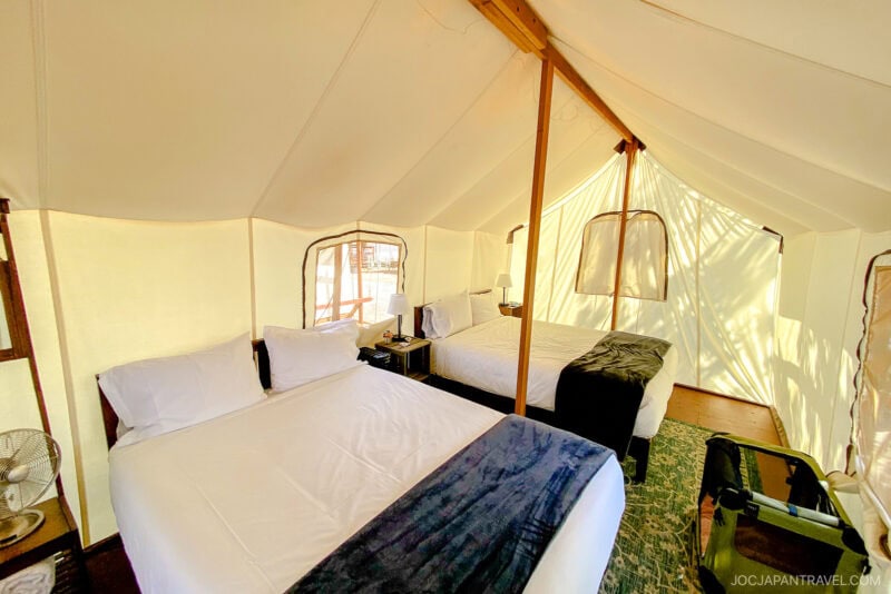 A bright, cozy glamping tent in Sonoma with two double beds, white linens, a dark blue throw blanket, lamps, a rug, and wooden furniture creates a comfortable and inviting atmosphere.