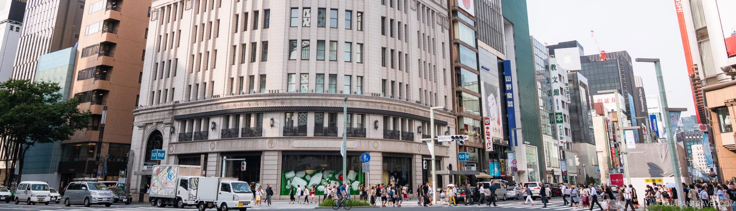 A busy city street intersection with people crossing, various vehicles, and tall modern and historic buildings lining both sides under a clear sky.