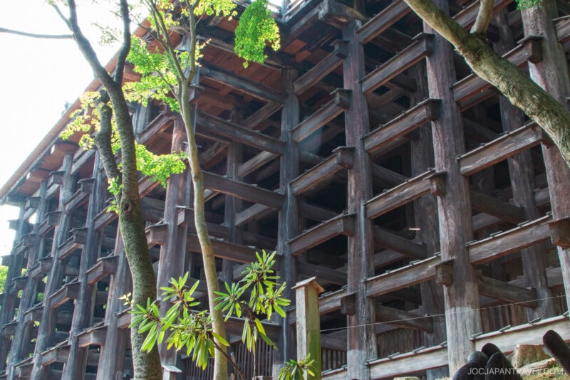 A close-up view of Kiyomizu-dera Temple’s large wooden scaffolding structure, with lush green trees and plants in the foreground as sunlight softly filters through the branches.