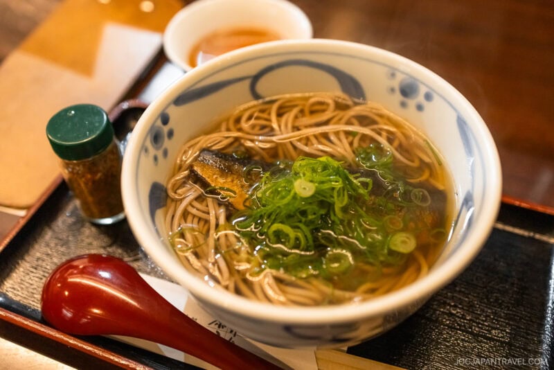 A bowl of soba noodle soup topped with sliced green onions and fish, served on a tray with a red spoon, a small seasoning bottle, and a cup of dipping sauce—perfect if you're wondering kyoto what to eat for an authentic experience.