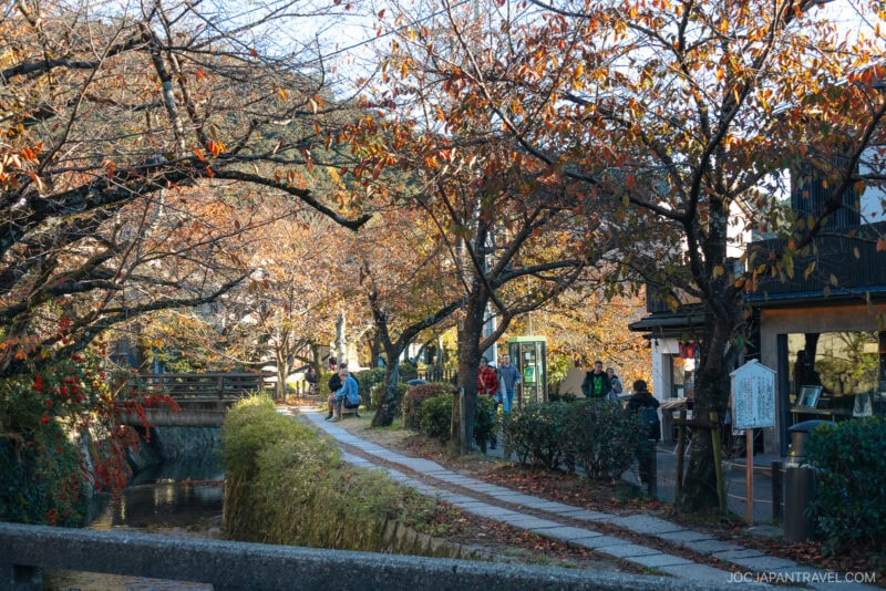 A scenic path lined with trees in autumn colors runs beside a narrow stream. People stroll along the Philosopher&rsquo;s Path near traditional-style buildings on a sunny day.