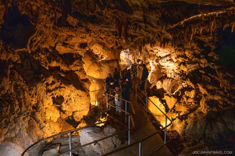 A group of people walks along a narrow, well-lit pathway inside Lake Shasta Caverns, surrounded by jagged rock formations and stalactites hanging from the ceiling. Warm lights illuminate the rocky walls.
