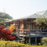 Traditional Japanese wooden building with a covered veranda, surrounded by lush greenery and vibrant red Osaka autumn foliage, set in a serene garden landscape under a clear sky.