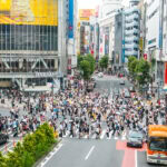 Shibuya Crossing & Hachiko Statue – Tokyo’s Most Iconic Meeting Spot A busy crosswalk in Shibuya, Tokyo, with crowds of people crossing the street in multiple directions, surrounded by tall buildings, shops, bright signs, and vehicles. Experience the iconic energy of Shibuya’s bustling cityscape.