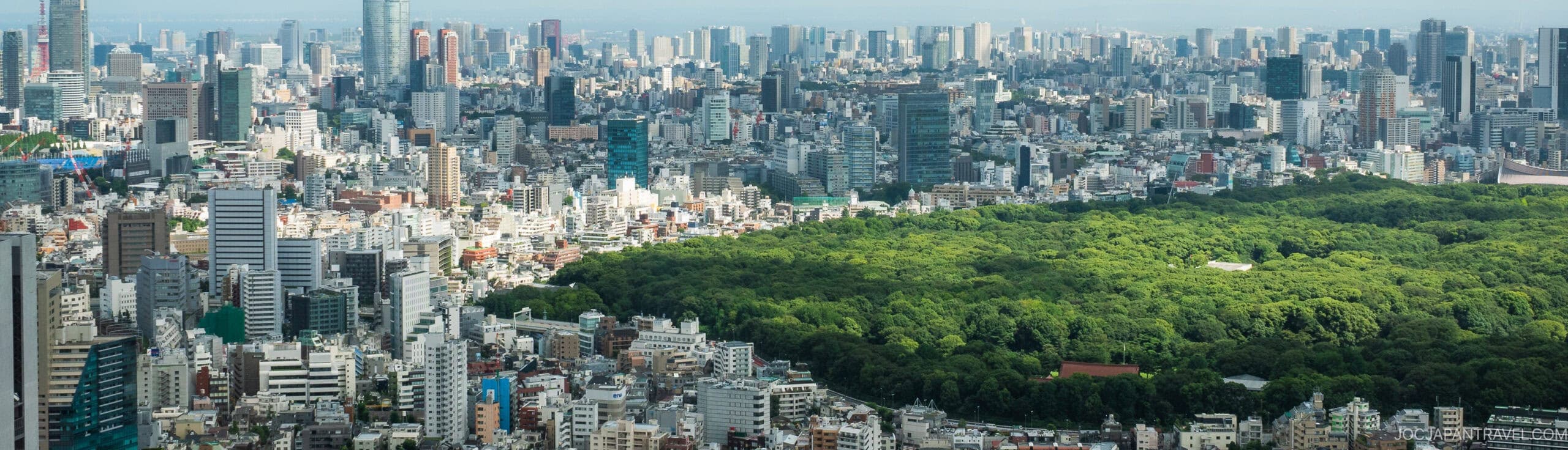 A panoramic view of a large city with dense high-rise buildings surrounding a vast green park or forested area in the center, under a clear blue sky.