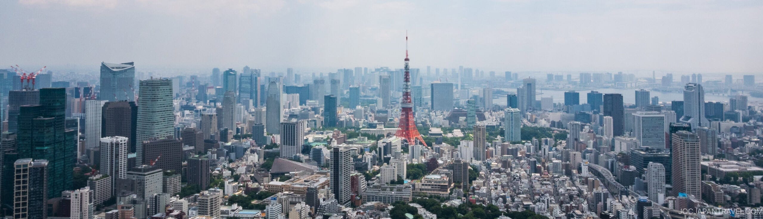 A panoramic view of Tokyo city skyline with dense buildings and skyscrapers, featuring Tokyo Tower in the center under a hazy sky.