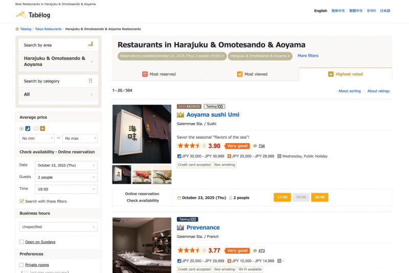 A Tabelog webpage lists restaurants in Harajuku, Omotesando, and Aoyama, featuring search filters on the left and Tabelog restaurant entries with names, ratings, cuisine types, photos, and reservation info on the right.