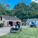 Amish Life in Lancaster County – Visiting The Amish Village A small historic Amish Village scene with a barn labeled Blacksmith Shop, a playground with slides, an old-fashioned schoolhouse, and vintage wagons on a grassy area, surrounded by trees under a blue sky.
