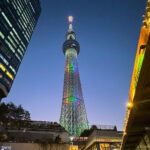Japanese Souvenirs at Tokyo Skytree Town Tokyo Skytree illuminated with colorful lights at dusk, surrounded by modern buildings and festive decorations, stands as a dazzling symbol in the clear evening sky.