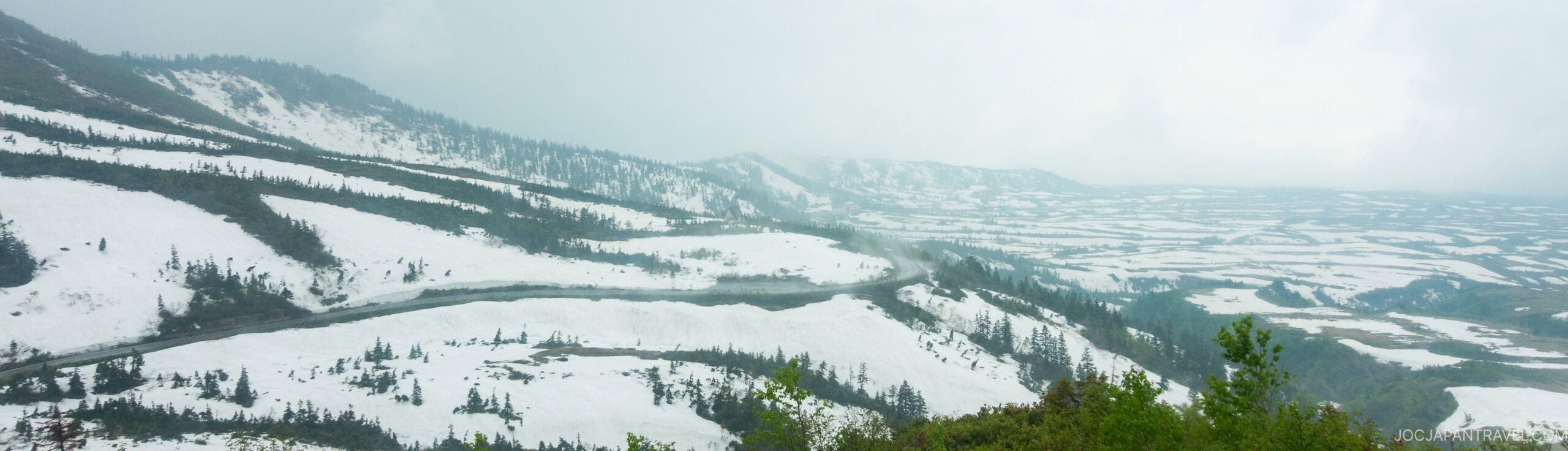 A winding road cuts through snow-covered hills and valleys, with scattered evergreen trees and misty, overcast sky in the background. The scene is serene and wintry, with patches of greenery visible in the foreground.