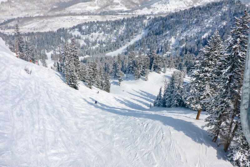 A snowy Utah ski slope with fresh tracks winds through snow-covered trees. Several skiers glide down the hill under a clear sky, enjoying a scenic view of the forested valley below.