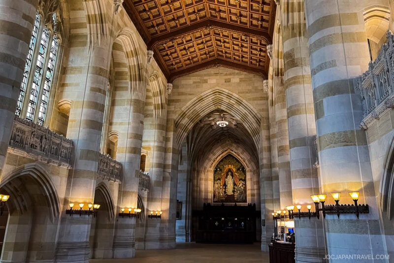 Grand, vaulted interior of a Gothic-style library—a highlight on the Northeast College Tour—with arched windows, striped stone columns, chandeliers, and a mural above a dark wood reading area at the far end.