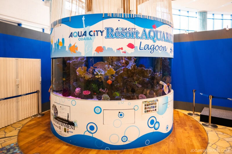 A large, cylindrical aquarium display labeled Aqua City Odaiba Resort Aquarium Lagoon features colorful coral and fish inside, surrounded by a blue-and-white decorated enclosure in a modern indoor space.