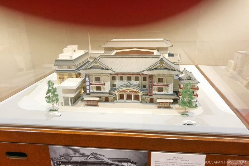 A detailed miniature model of the Ginza Kabuki-za theater building is displayed in a glass case, featuring intricate rooflines, signage, small trees, and cars on the surrounding street.