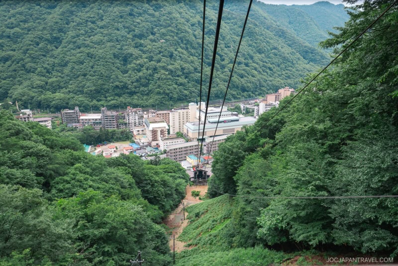 A cable car ascends over a lush, green mountainside toward Kinugawa Onsen, a town nestled in a forested valley, with buildings spread out below and steep, tree-covered hills rising on all sides.