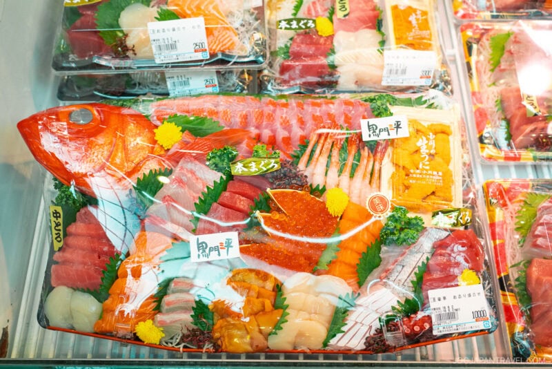 A variety of sashimi and seafood slices arranged inside a large fish-shaped plastic tray, displayed in a supermarket refrigerator, reminiscent of the fresh selections found at Kuromon Ichiba Market, with price tags and decorative garnishes.