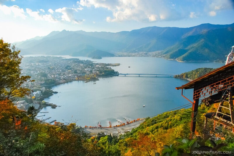 A scenic view of Lake Kawaguchiko in Japan, surrounded by lush green hills and mountains, with the Mt. Fuji Panoramic Ropeway in sight, a bridge spanning the lake, and a town along the shore under a partly cloudy sky.