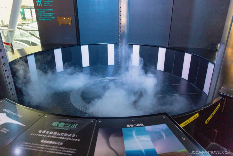 A circular exhibit at the Nagoya City Science Museum generates a small indoor tornado with swirling mist inside a glass enclosure, surrounded by informational panels featuring engaging text and images.