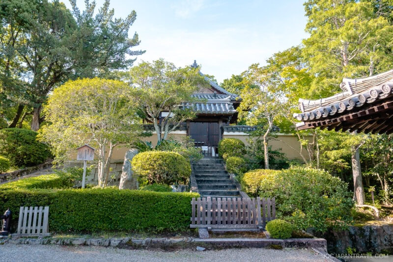 A traditional Japanese building with a tiled roof sits behind stone steps and lush green trees at Nara Toshodai-ji, surrounded by a well-kept garden and a wooden fence under bright daylight.