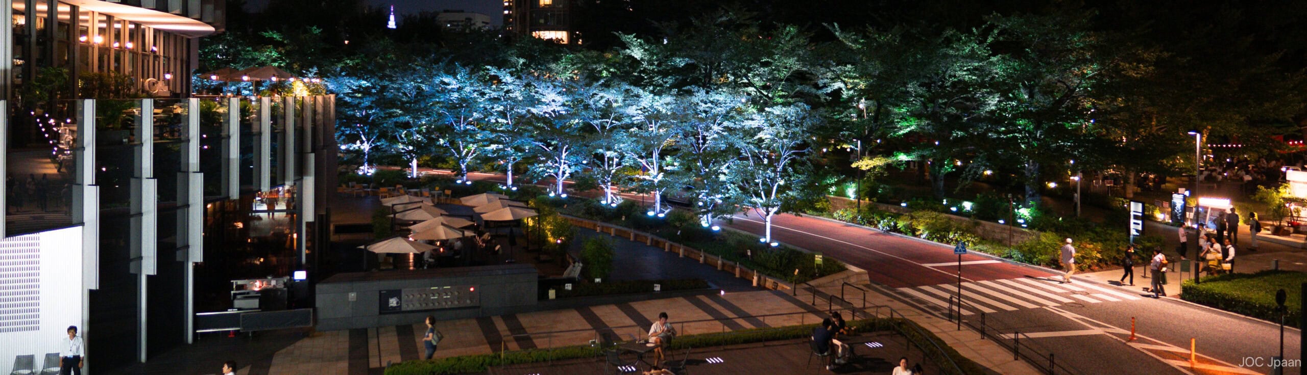 A tree-lined street at night with illuminated trees, people walking, and outdoor restaurant seating beside a modern glass building. The scene is lively and well-lit with city lights.