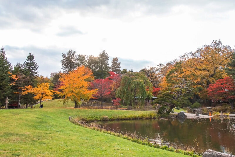 A serene park in autumn showcases vibrant Sapporo autumn foliage, with colorful trees in shades of red, orange, and yellow surrounding a calm pond beneath a partly cloudy sky. Grass and a walking path border the water.