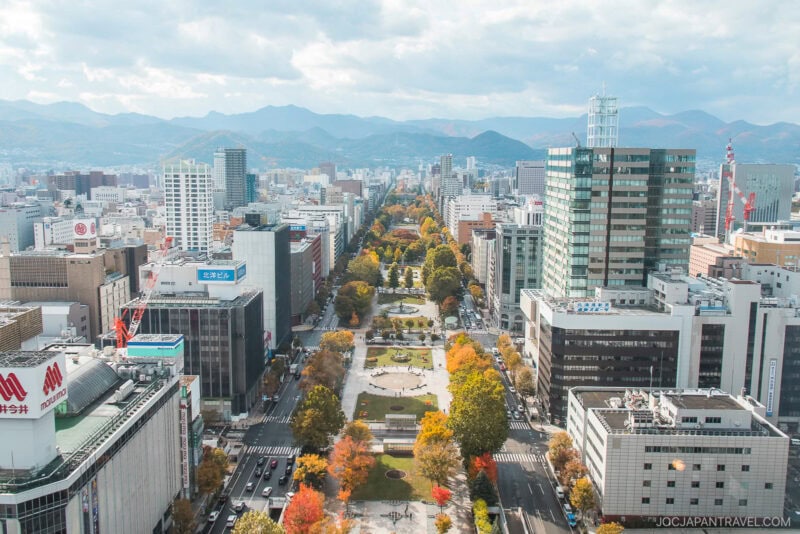Aerial view of Sapporo autumn foliage with tall buildings flanking a tree-lined park avenue. The trees display vibrant fall colors, and mountains are visible in the background under a partly cloudy sky.
