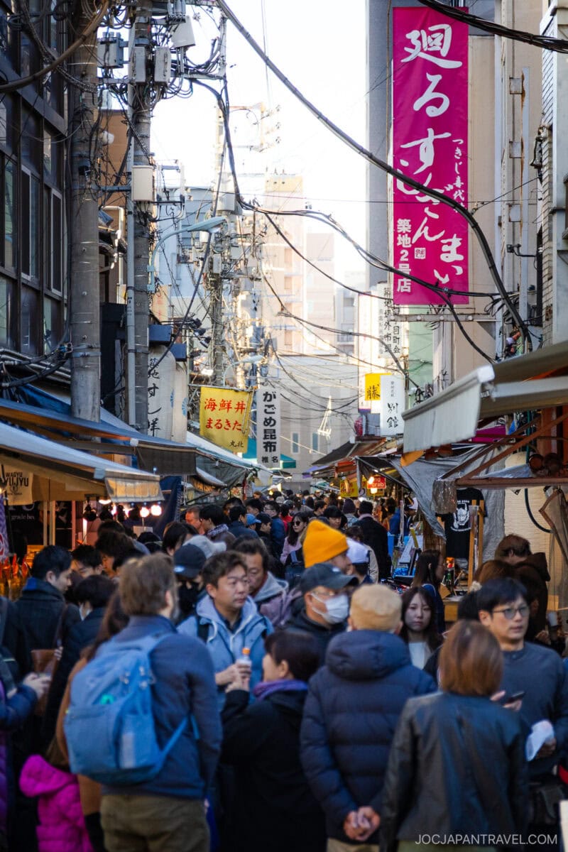 A crowded street market at Tokyo’s Tsukiji Outer Market, where people bundled in winter clothing browse seafood stalls beneath colorful Japanese signs. Buildings, cables, and a blue sky form the backdrop.