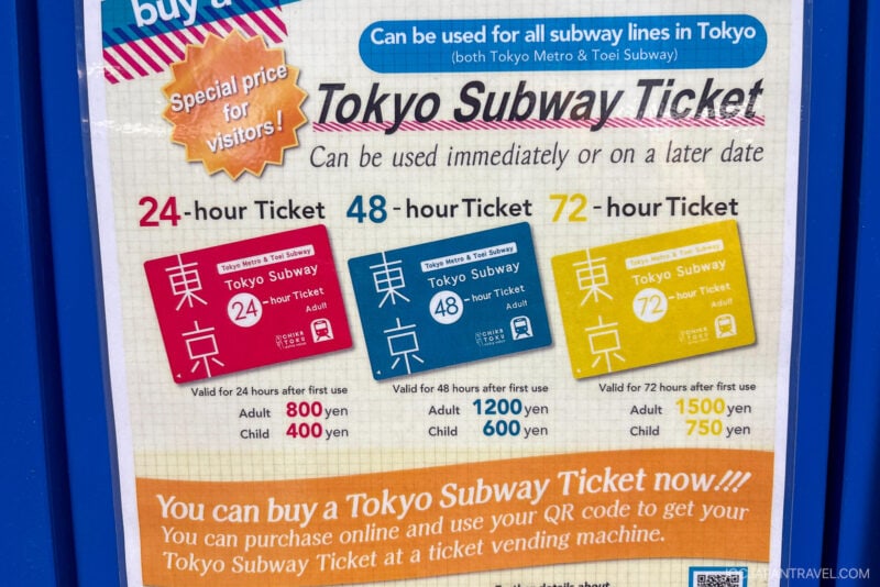 A sign offers Tokyo Subway Tickets for 24, 48, and 72 hours (adults: 800–1500 yen; children: 400–750 yen), perfect for anyone learning how to use trains in Japan. Tickets are valid on all Tokyo subway lines.