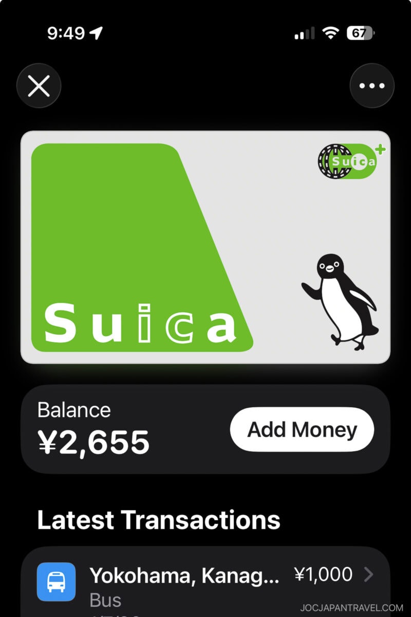 Screenshot of a digital Suica transit card on a smartphone, showing a ¥2,655 balance—perfect for those learning how to use trains in Japan. The green card features a penguin mascot, plus options to add money and view recent transactions.