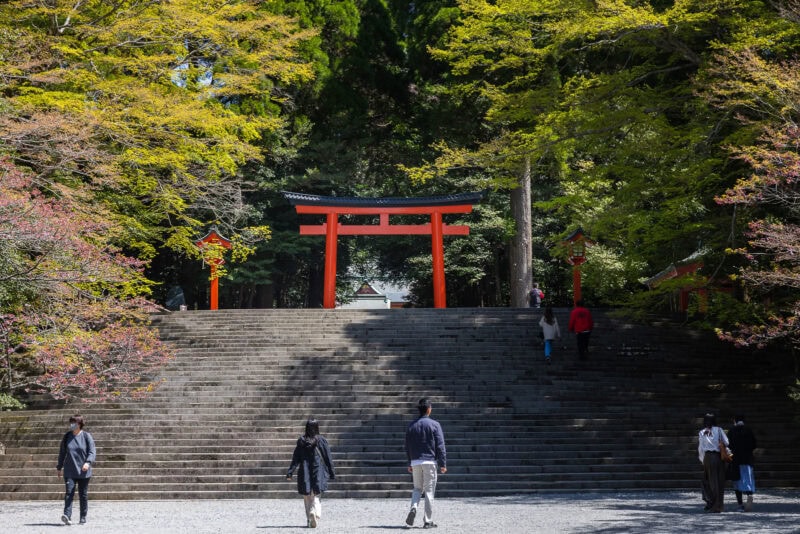 People walk up wide stone steps toward the large red torii gate of Kirishima Shrine, a sacred shrine in Kagoshima, surrounded by lush green trees on a sunny day.