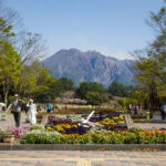 Yoshino Park: Kagoshima's Peaceful Scenic Escape Yoshino Park in Kagoshima offers a scenic escape with colorful flower beds, a charming cow statue, and walking paths set against a tall, forested mountain under a clear blue sky.