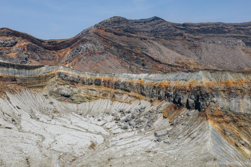 View of a volcanic crater with steep layered walls of gray, yellow, and reddish rocks, scattered boulders at the bottom, and mountains in the background under a clear blue sky.