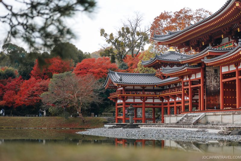 Traditional Japanese temple with ornate red and white architecture beside a calm pond, surrounded by vibrant autumn trees with red and orange leaves&mdash;this is the iconic Byodoin Temple in Uji, Kyoto.